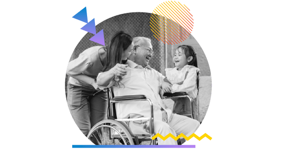 Community Benefit, photo of grandpa in wheelchair with daughter and granddaughter