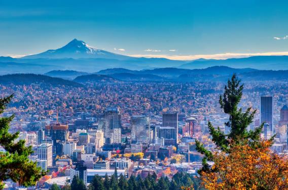 Mount Hood and Portland city skyline