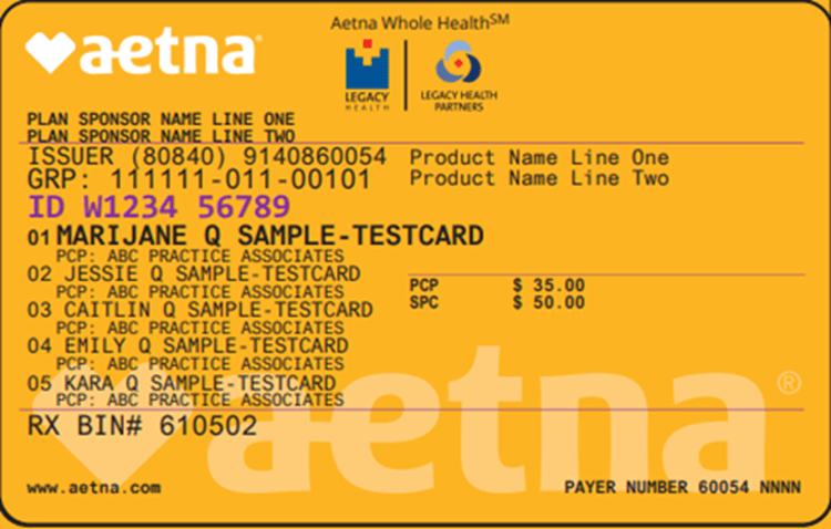 orange card displaying Aetna Whole Health sample information