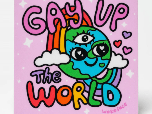 pink background, foreground has an Earth icon with a cute smiley face and rainbows circling around it, letters around it read Gay Up The World