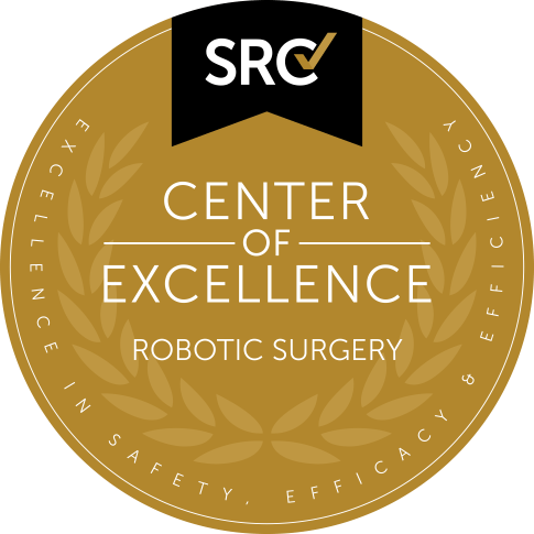 gold yellow circle with white text stating CENTER OF EXCELLENCE with a subheadline ROBOTIC SURGERY with a black banner icon at the stop with white initials SRC