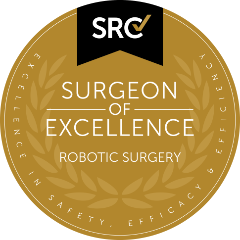 gold yellow circle with white text stating SURGEON OF EXCELLENCE with a subheadline ROBOTIC SURGERY with a black banner icon at the stop with white initials SRC
