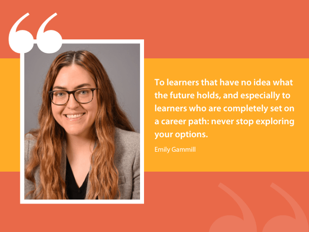 orange and yellow graphic featuring a photo of Emily Gammill with a quote in white to the right of her headshot photo