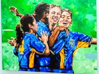 Painting by Jeremy Davis of youth celebrating, wearing soccer uniforms