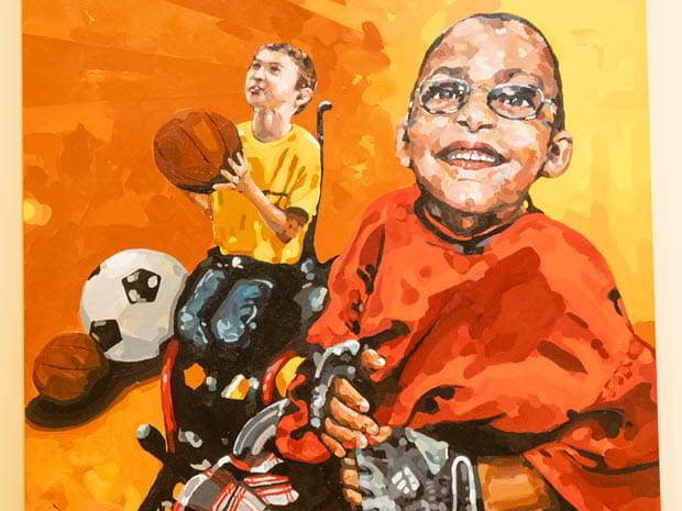 Painting by Jeremy Davis of two young boys in wheelchairs, one aiming a basketball and another smiling while looking up