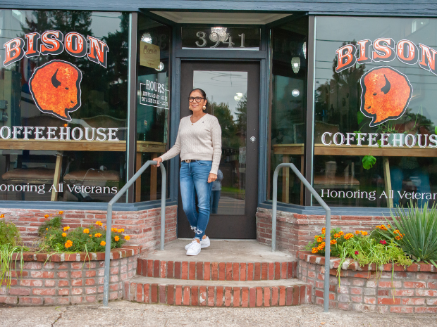 Loretta Guzman pictured outside of Bison Coffeehouse