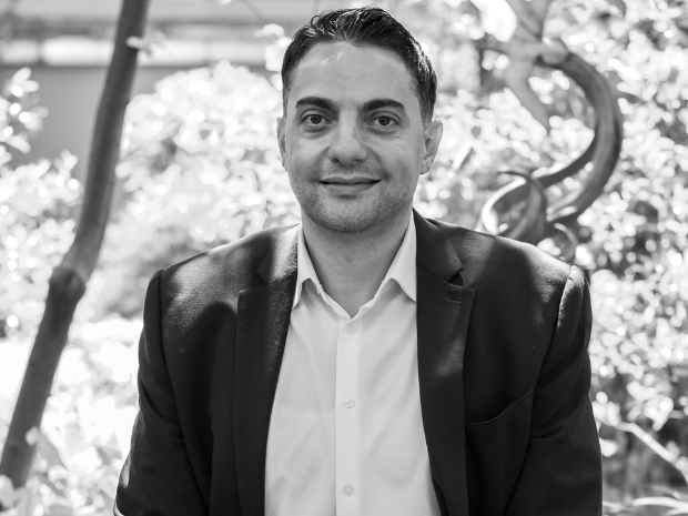 Black and white photo of Bahaa Wanly