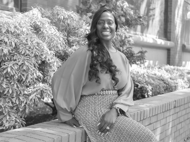 Black and white photo of Joy White